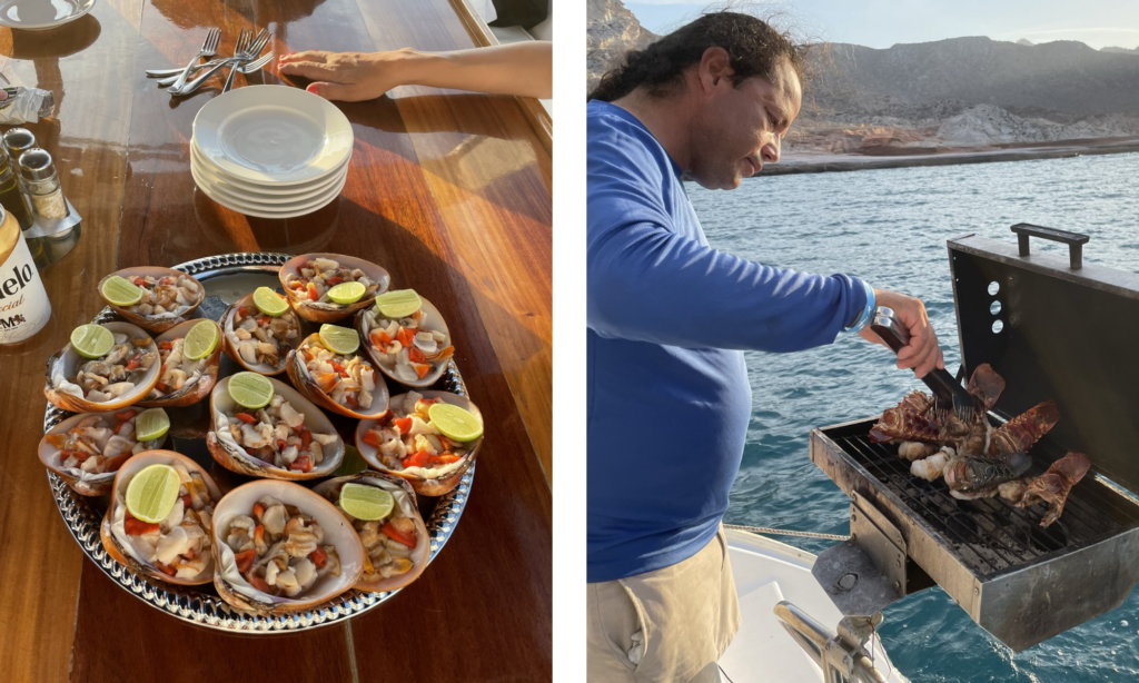 sea food, chef cooking on a sailing boat in the Sea of Cortez