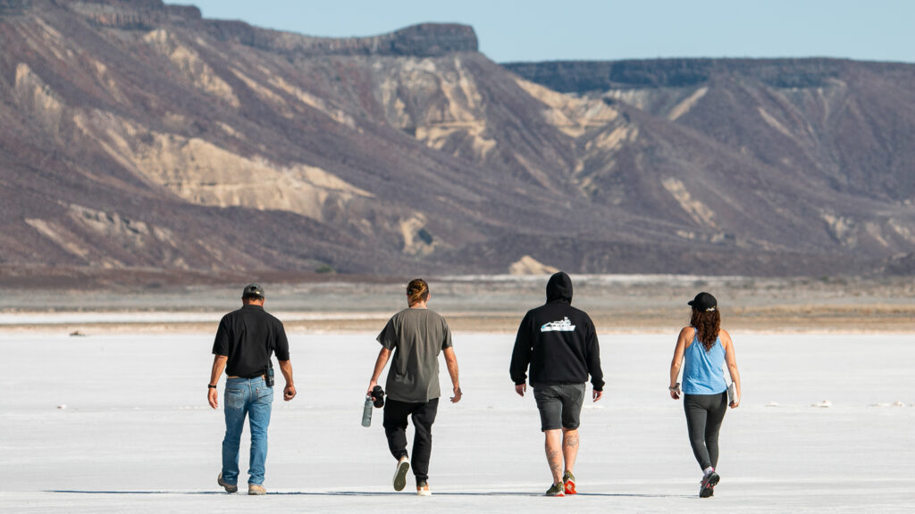 Walking across shimmering salt flats in Baja California Sur, Mexico