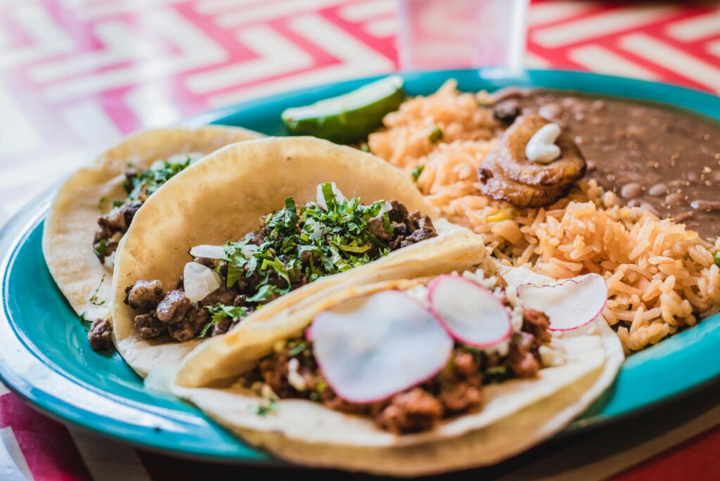 Tacos, rice and refried beans, try authentic local cuisine at San Ignacio, Baja, Mexico
