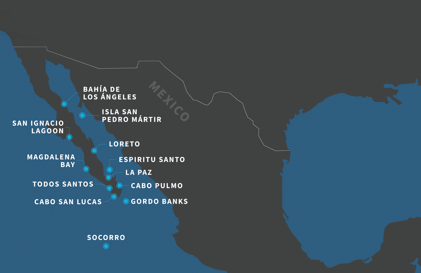 Map of Baja California Sur. Map of Baja, Mexico. Featuring San Ignacio Lagoon, Cabo San Lucas, Loreto, and La Paz etc.