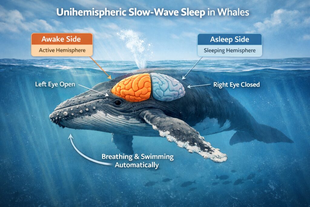 How do whales sleep? Diagram of unihemispheric sleep in whales
