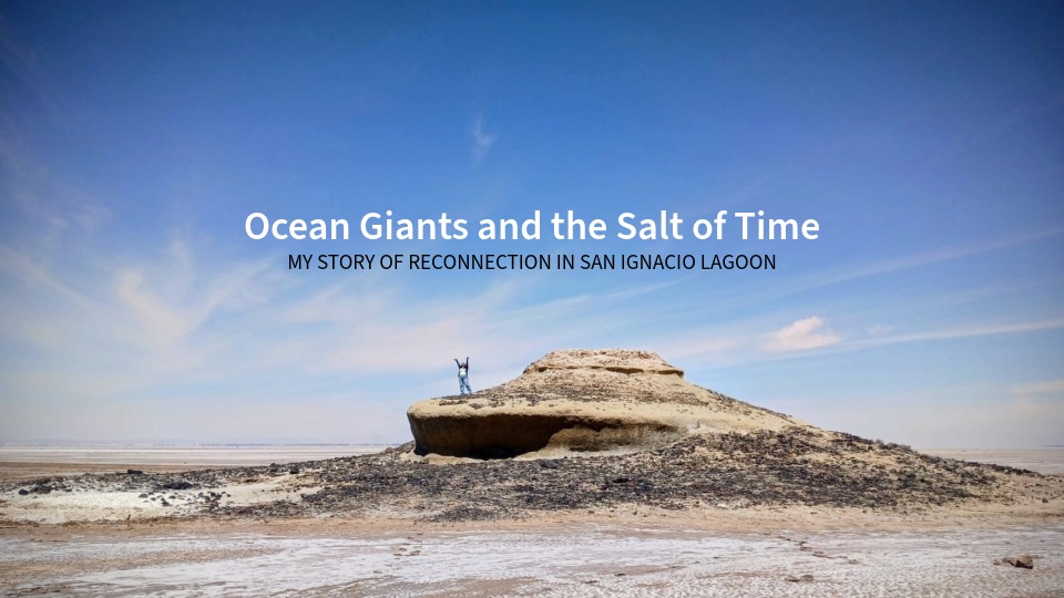 Samanta enjoying the wilderness. Text overlay: Ocean Giants and the Salt of Time - My reconnection with nature in San Ignacio Lagoon'