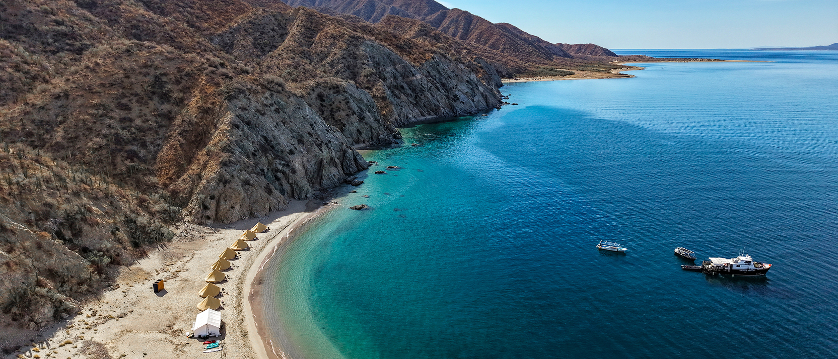 Drone view of Cerralvo glamping camp and the Sea of Cortez