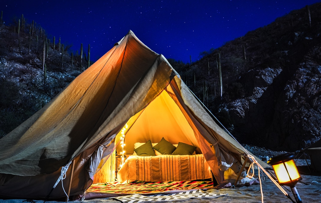 Cerralvo glamping camp tent at night