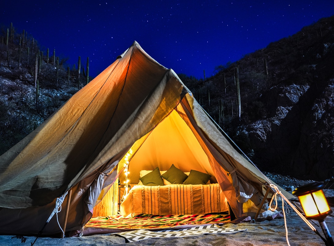 Baja Expeditions glamping tent on San Jose island in the Sea of Cortez